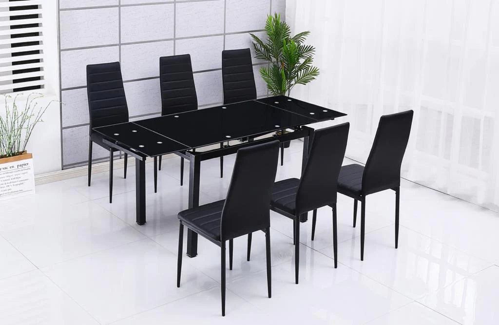 Mesa de Cristal Extensible 170x70cm + 6 Sillas