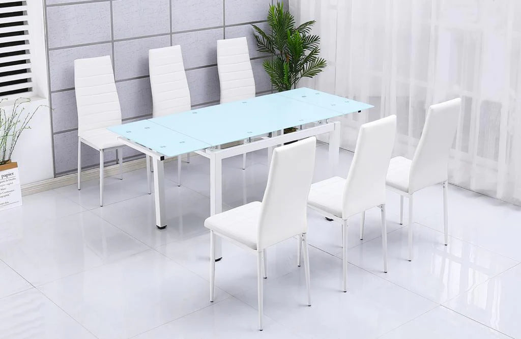 Mesa de Cristal Extensible 170x70cm + 6 Sillas