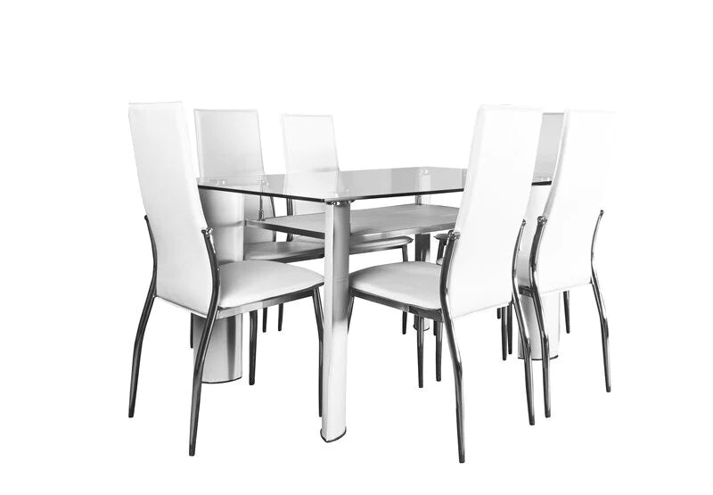 Mesa de Cristal Templado + 6 Sillas en Polipiel/Metal
