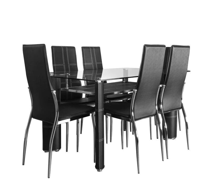 Mesa de Cristal Templado + 6 Sillas en Polipiel/Metal
