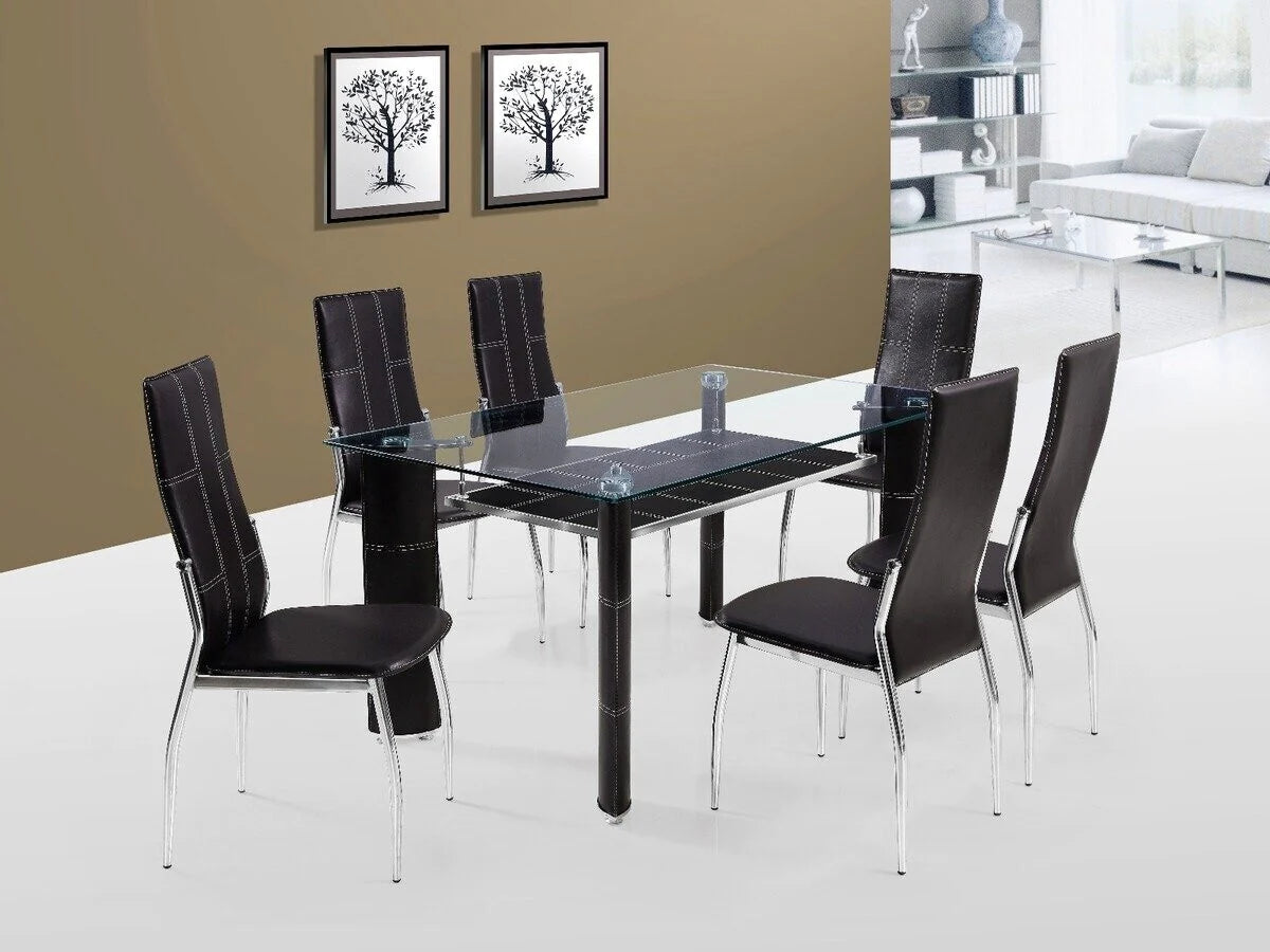 Mesa de Cristal Templado + 6 Sillas en Polipiel/Metal