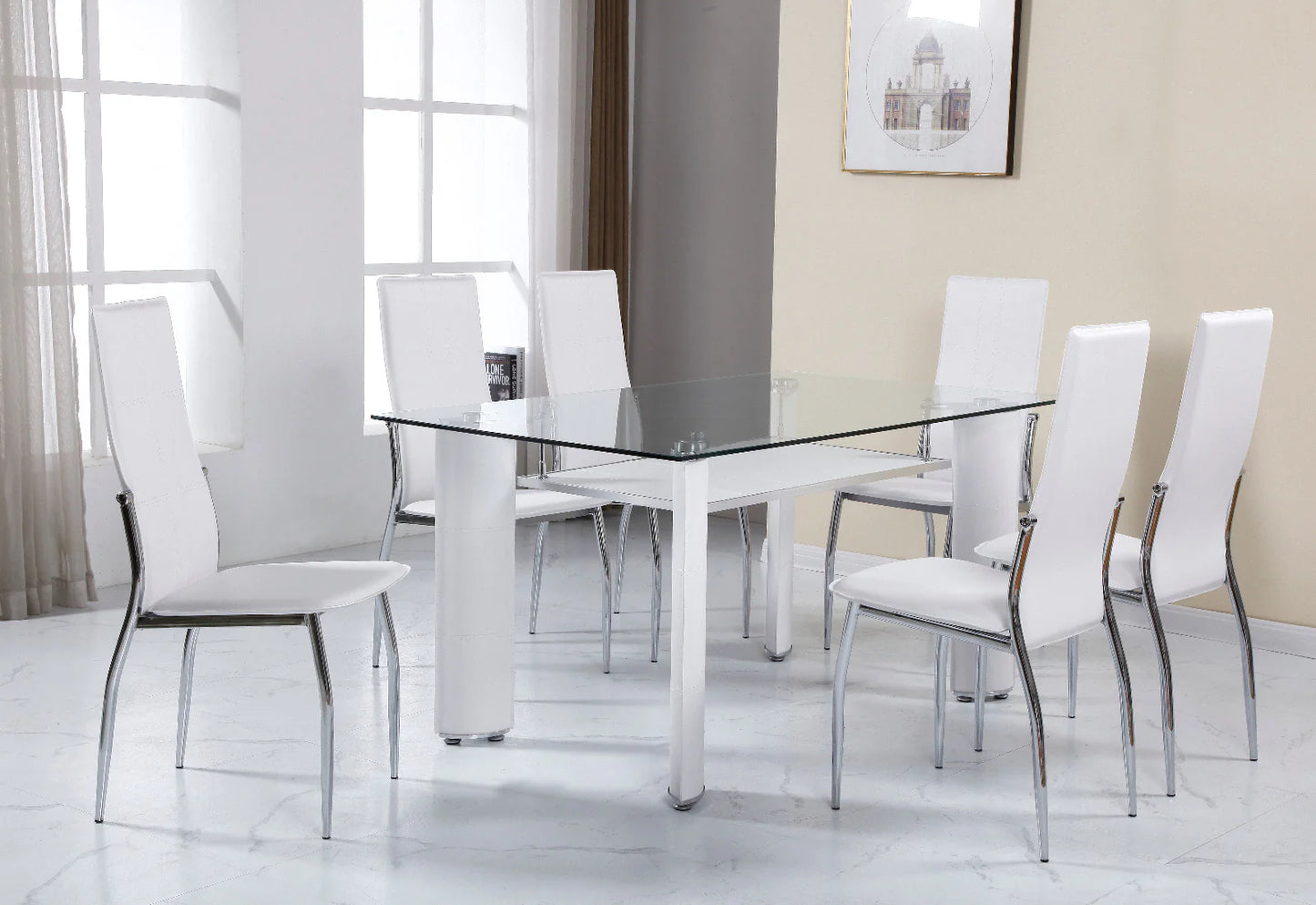 Mesa de Cristal Templado + 6 Sillas en Polipiel/Metal