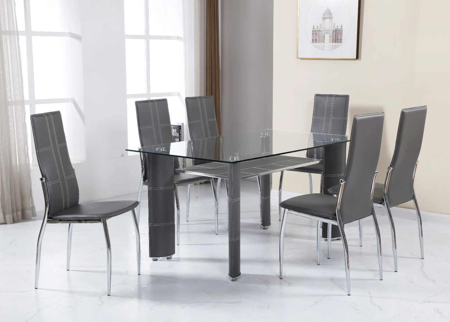Mesa de Cristal Templado + 6 Sillas en Polipiel/Metal