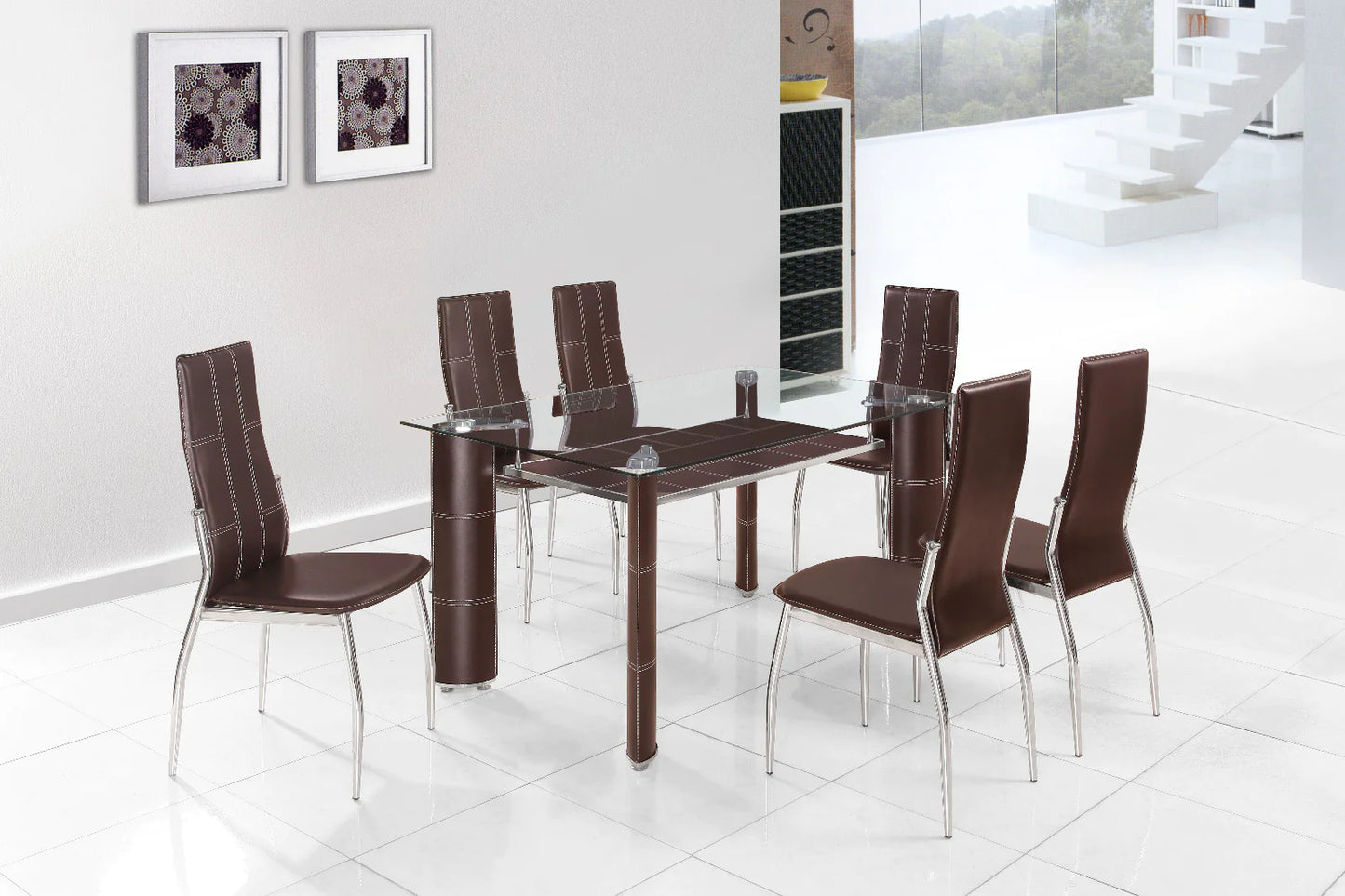 Mesa de Cristal Templado + 6 Sillas en Polipiel/Metal