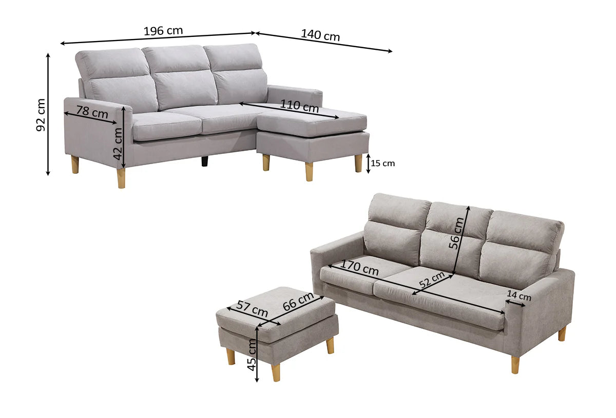 Sofa Agora + Puff Convertible en Chaise Longue 196cm