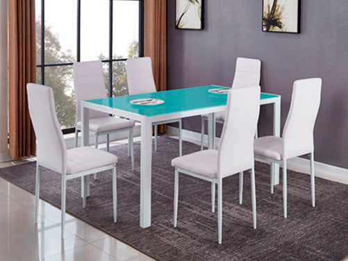 Mesa de Cristal Templado DT20 + 6 Sillas Polipiel. Comedor o Cocina