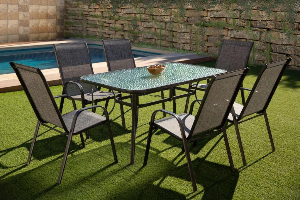 Mesa de Cristal Templado + 6 Sillas. Muebles de Jardin y Terraza