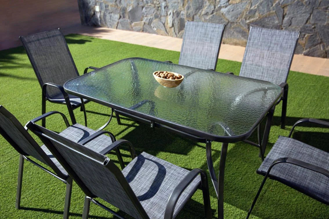 Mesa de Cristal Templado + 6 Sillas. Muebles de Jardin y Terraza