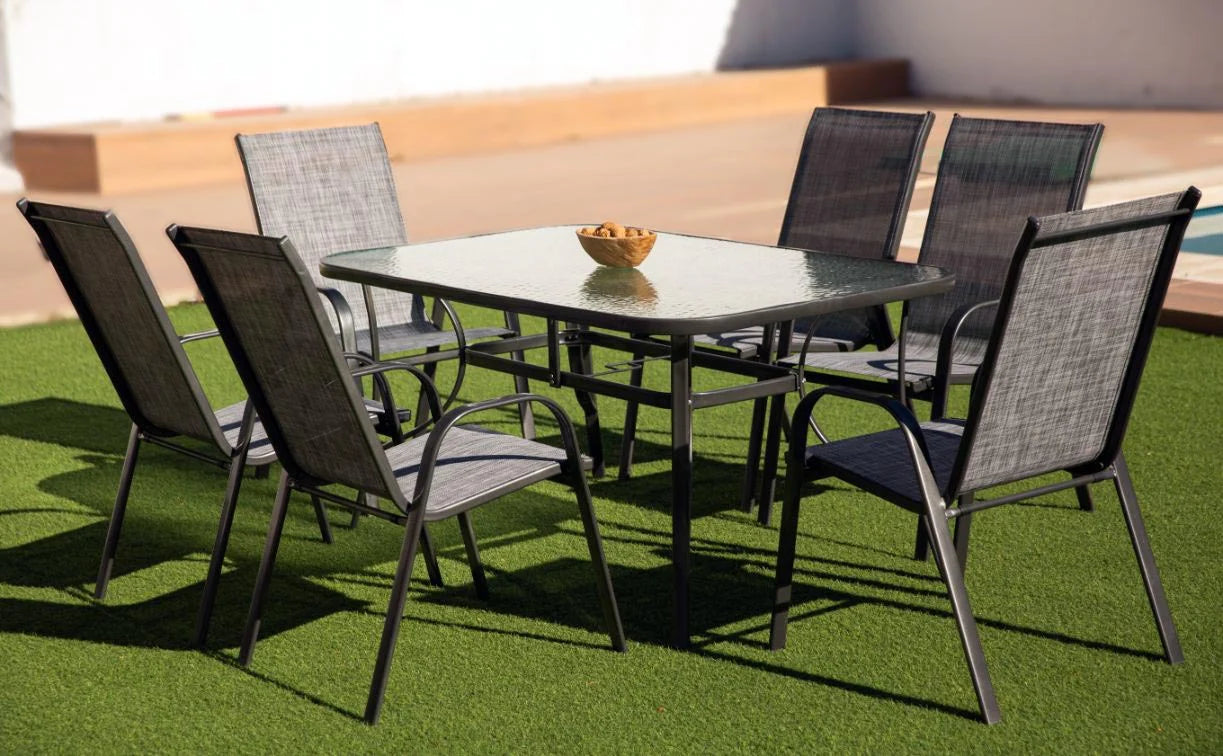 Mesa de Cristal Templado + 6 Sillas. Muebles de Jardin y Terraza
