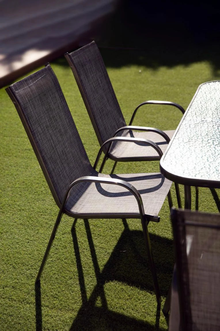 Mesa de Cristal Templado + 6 Sillas. Muebles de Jardin y Terraza